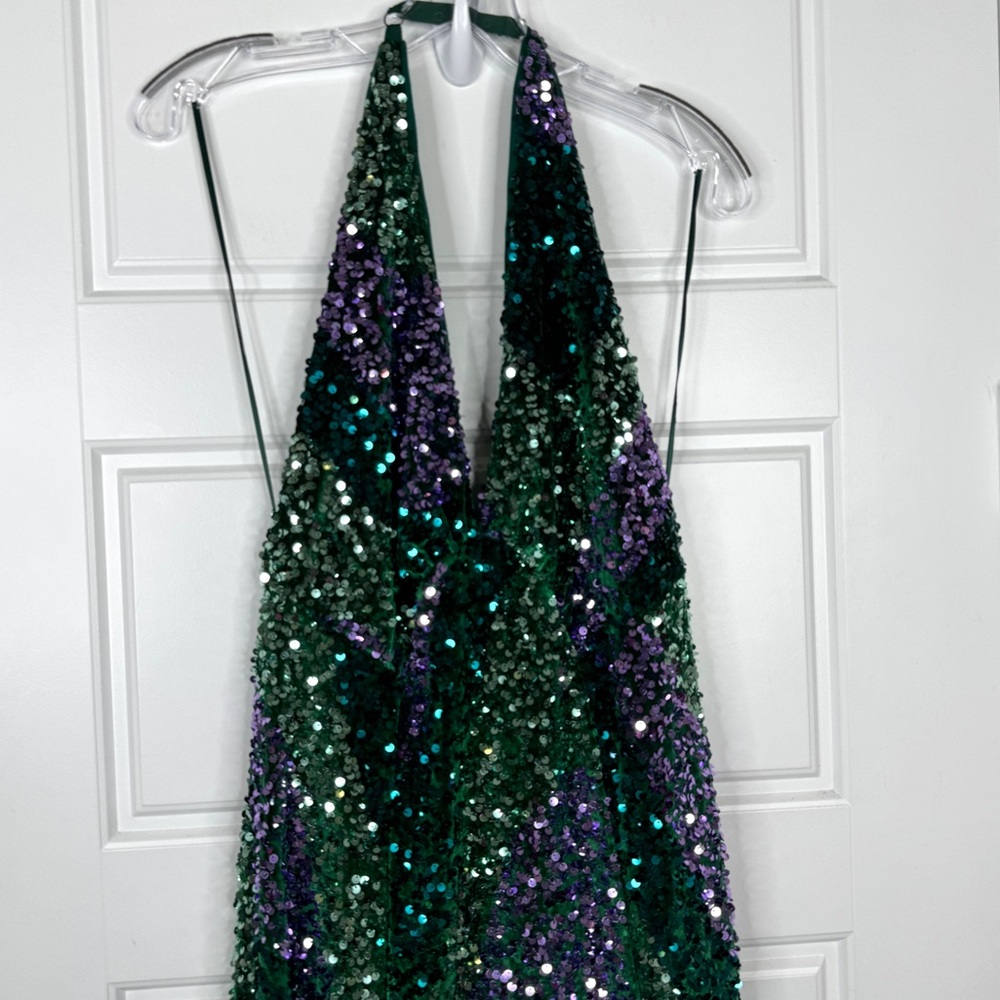 FREE PEOPLE Glitter & Gold Halter Sequin Midi Dress NEW Size S Green - Picture 4 of 15
